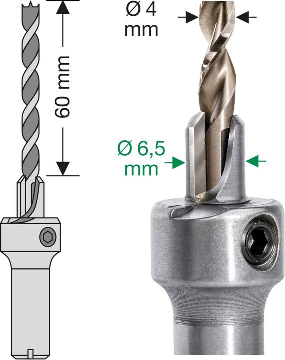 Produktbild Spax 1x Holzbohrer 4mm, 1x Senker 6,5mm, 1x Innensechskant- schlüssel, Bohrerlänge 75mm, Spirallänge (4 mm)