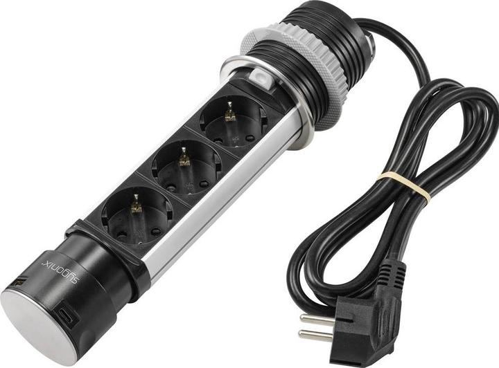 Actual product image Sygonix SY-4997104 Socket tower black, stainless steel earthing contact 1pc. (3 x, CEE 7/3, 1.50 m)