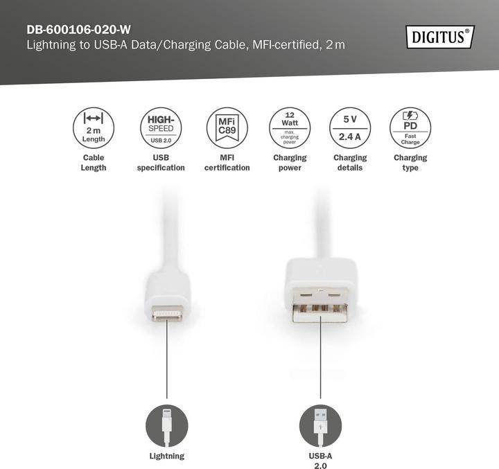 Image du produit Digitus Câble de données/charge Lightning vers USB A, certifié MFI (2 m, USB 2.0, 12 W)