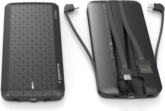 Actual product image iWalk Scorpion 8000X Powerbank black 8000 mAh with USB/microUSB/Lightning/USB-C cable charges 3 (8000 mAh, 29.60 Wh)