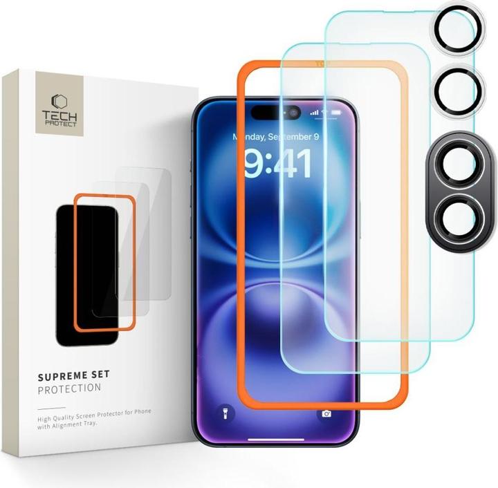Tech-Protect Supreme Set tempered glass for iPhone 16 - transparent (3 pcs.) (3 Stück, Apple iPhone 16)