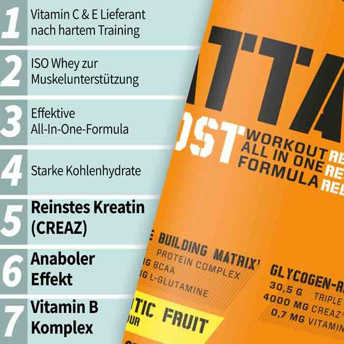 Valeurs nutritives et ingrédients Body Attack Post Attack 3.0 (boîte de 900g) (Fruits exotiques, 1 pcs, 900 g)