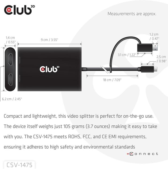 Actual product image Club 3D Club3D Adapter USB-C (USB A Adapter) > 2x HDMI 4K@60Hz St/Bu retail (HDMI, 18.50 cm)