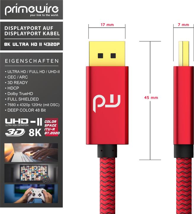 Immagine prodotto Primewire Cavo DisplayPort, DP 1.4, Cavo monitor premium 8K @ 60 Hz - 4k 3840 x 2160 @ 120 Hz con DSC (2 m)