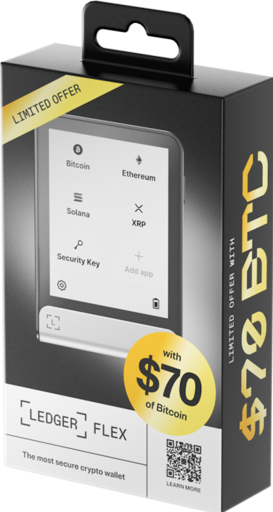 Productafbeelding Ledger Flex + 70$ BTC Voucher (Bitcoin, Ethereum Klassiek, Ripple, Dogecoin, Cardano, TRON, Bitcoin Cash, Litecoin, Meer)