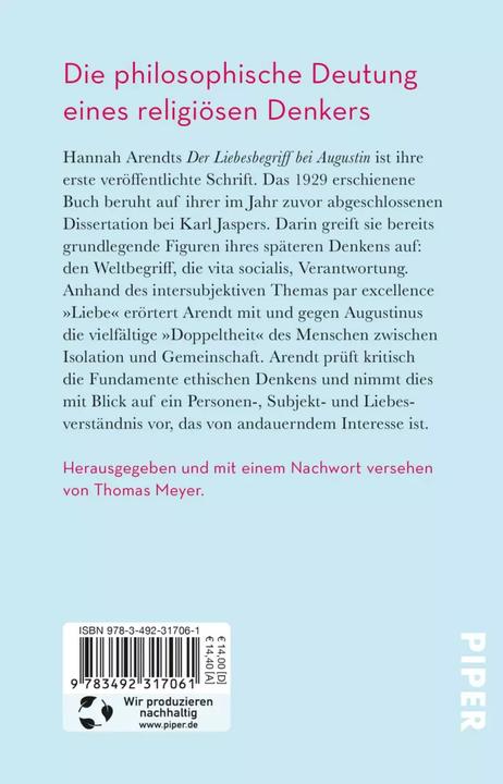 Produktbild Der Liebesbegriff bei Augustin (Deutsch, Hannah Arendt, 2021)