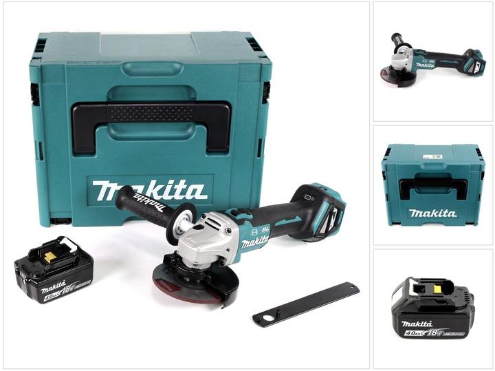 1x Makita DGA 513 cordless angle grinder, 1x Makita BL1840 B 4.0 Ah battery, 1x Makita Makpac 3 system case, 1x Makita 125mm grinding disc (A-80656), 1x assembly tool, 1x additional handle, 1x protective cover, 1x operating instructions