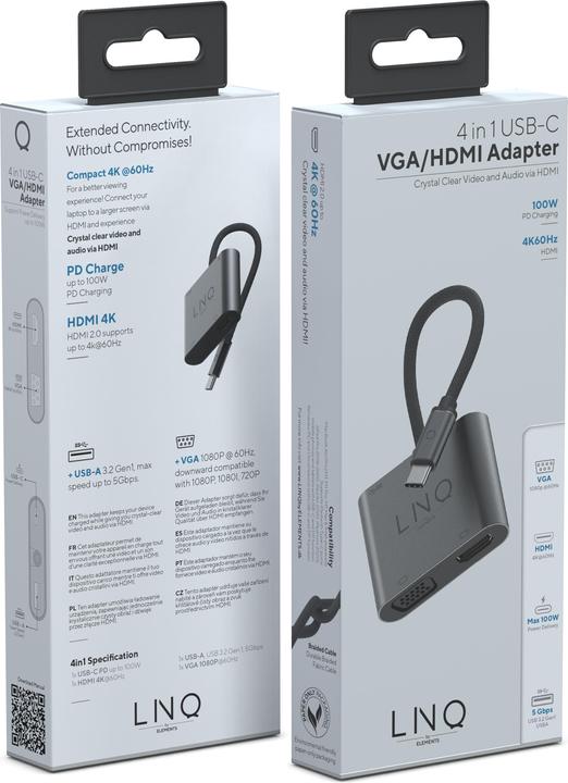 Actual product image LINQ Connects USB-C -> 1x HDMI, 1x VGA, 1x USB-C, 1x USB-A LQ48001 grey (USB-C, 3 ports)