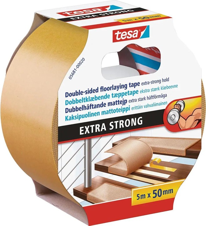 tesa Installation tape EXTRA STRONG, double-sided adhesive tape for laying carpet and PVC flooring (50 mm)