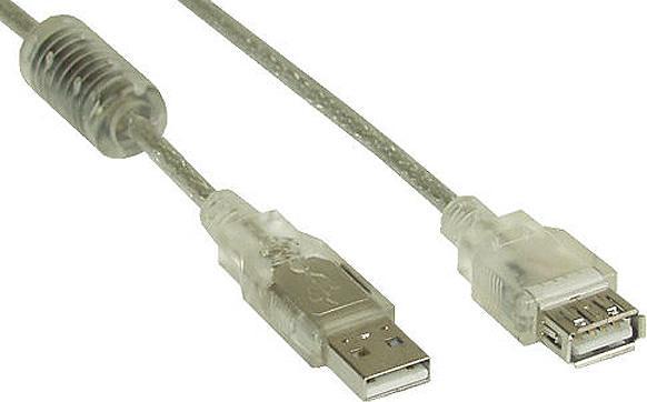 Produktbild Aquatuning USB 2.0 Verlängerung, St/Bu Typ A, transparent, mit Ferritke (5 m, USB 2.0)