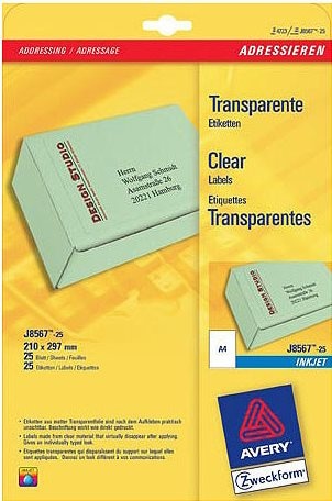 Actual product image Avery Universal labels J8567-25 Transparent 210 mm x 297 mm
