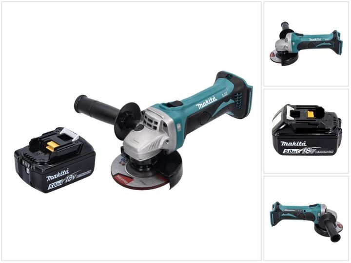 1x Makita DGA 452 Akku Winkelschleifer, 1x Schutzhaube, 1x Seitengriff, 1x Montageschlüssel, 1x Makita BL 1850 B 18 V 5,0 Ah Akku, ohne Ladegerät