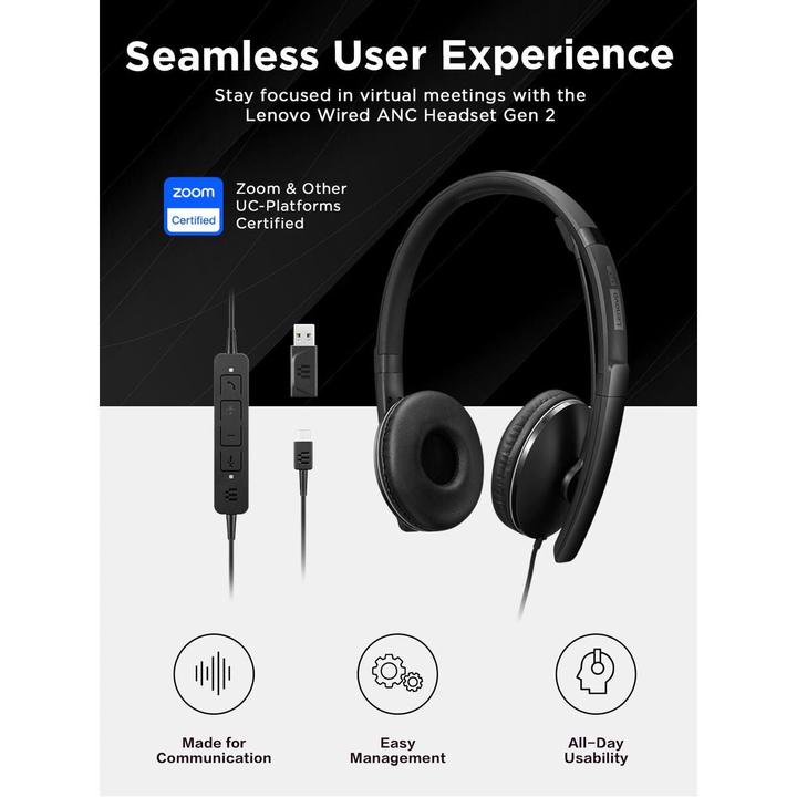 Actual product image Lenovo Wired Anc Headset Gen 2 Uc (Cable, USB-C)