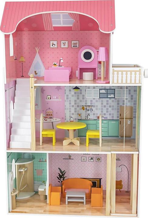Viga Toys Didelis medinis 3-jų aukštų lėlių namas su baldais Viga