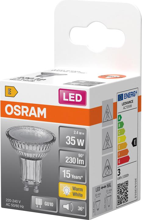 Produktbild Osram LED Leuchtmittel LED STAR PAR16 2.4W 827 GU10 Warm weiss 4099854458484 (GU10, 2.40 W, 230 lm, 6 x, E)