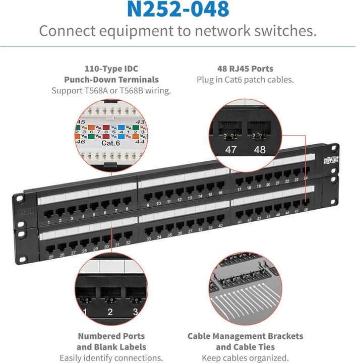 Actual product image Eaton 48-Port 2U Rack-Mount Cat6/Cat5 110 Patch Panel 568B RJ45 Ethernet TAA