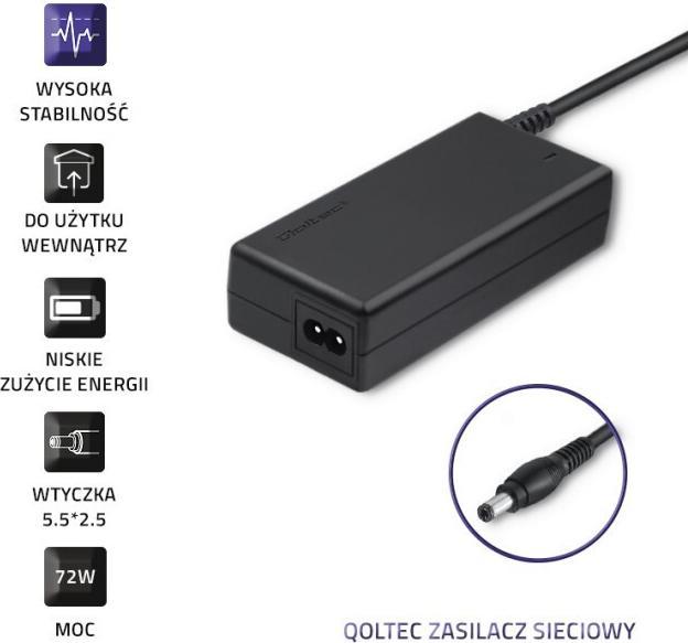 Actual product image Qoltec Universal AC adapter 72W| 12V| 6A| 5.5*2.5|+power cable (72 W)