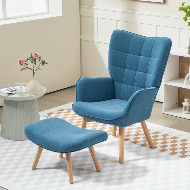 Immagine prodotto Homcom Ohrensessel mit Hocker Kord Blau