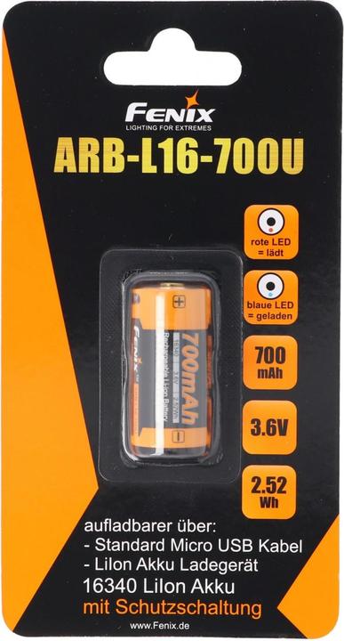 Produktbild Fenix Akku CR123 A mit integrierter USB-Ladefunktion und AccuCell AkkuBox