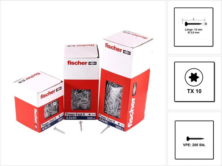 Actual product image Fischer Power-Fast II 670056 Chipboard screws 3 mm 12 mm T-profile steel g (200 Screws per piece)