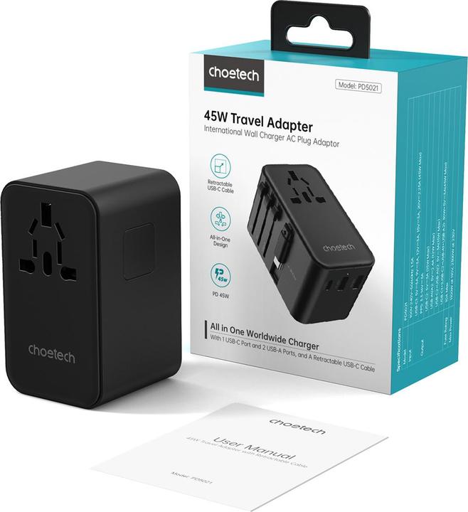 Produktbild Choetech PD5021 45W EU/US/AUS/UK Travel Adapter with Built-in USB-C Cable - Black
