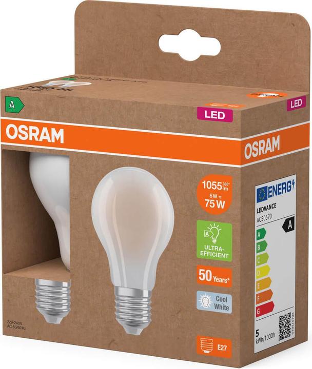 Produktbild Osram LED LAMPS ENERGY CLASS A ENERGY EFFICIENCY FILAMENT CLASSIC A 5W 840 Frosted E27 (E27, 1055 lm, 2 x)