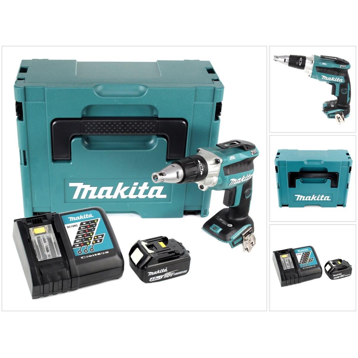 Makita, Bohrmaschine + Akkuschrauber, DFS 250 RM1J Akku Trockenbauschrauber 18 V Brushless + 1x Akku 4,0 Ah + Ladegerät ...