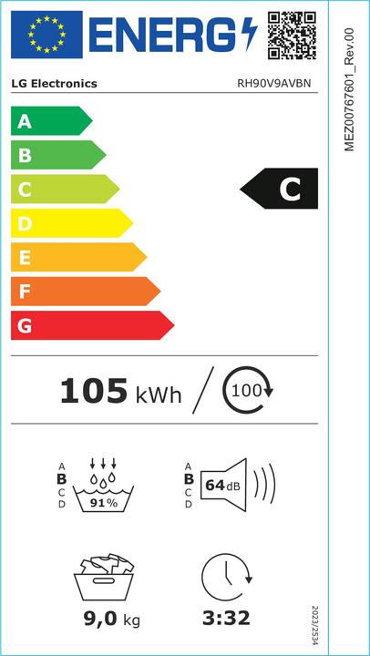 Label énergétique LG Sèche-linge Rh90v9avbn Thinq White e (9 kg, Droite)