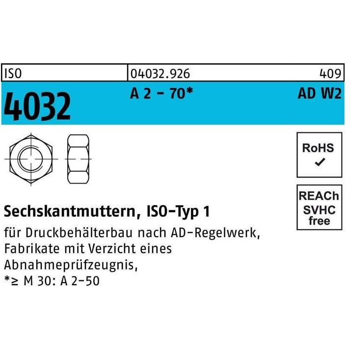 Bufab, Muttern + Unterlegscheiben, Sechskantmutter ISO 4032 M 27 A 2 - 70 AD-W2 (M27)