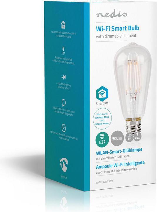 Produktbild Nedis SmartLife LED Filament Lampe | Wi-Fi | E27 | 500 lm | 5 W | Warmweiss | 2700 K | Glas | Androi (E27, 500 lm, 1x)