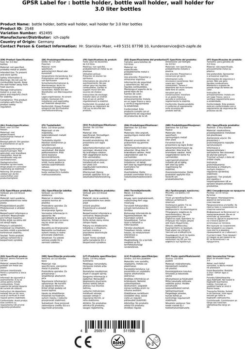 Produktbild Ich-zapfe Wandhalter für 3,0 Liter Flaschen (Dosierer + Ausgiesser)