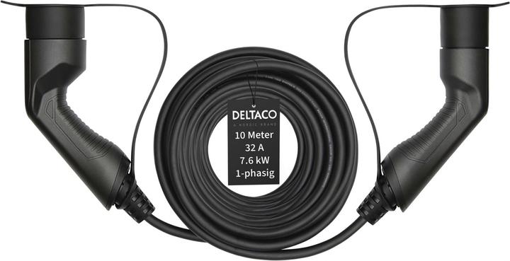 Actual product image Deltaco EV charging cable, e-car & hybrid, Type2 to Type2, 32 A, 7.6 kW, 1-phase (Type 2, 7.60 kW, 32 A, 10 m)
