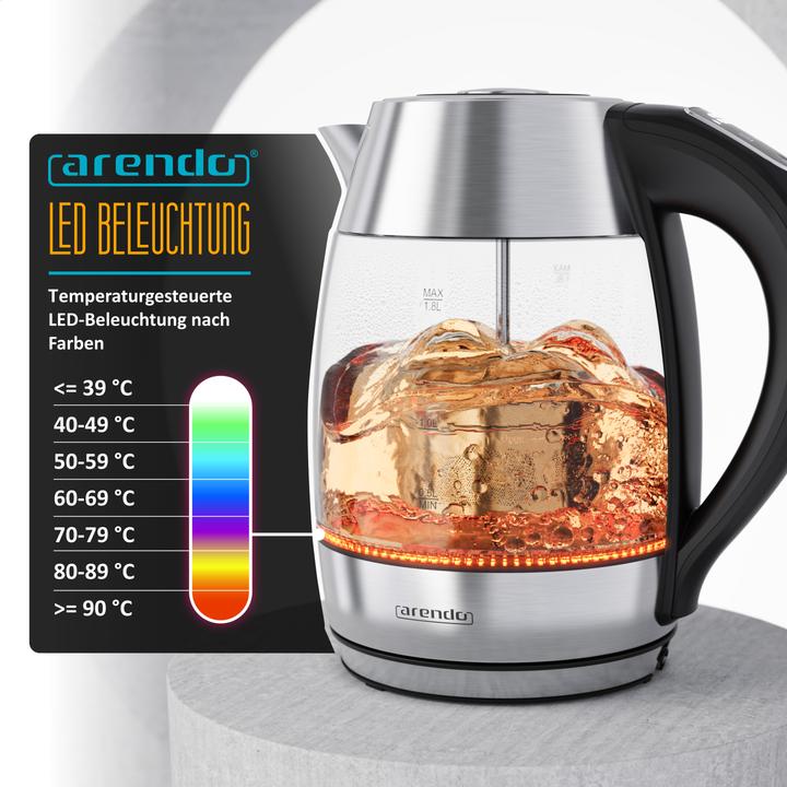 Actual product image Arendo Wasserkocher mit Temperatureinstellung aus Glas & Edelstahl, Teesieb, Teekocher, 1,8 L, 2200 W (1.80 l)