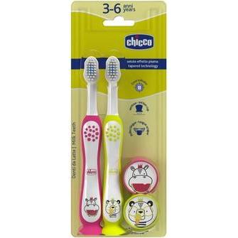 Chicco, Handzahnbürste, Zahnbürste für Kinder 3-6 Jahre Hippo und Panda 2 Stück (2 x)