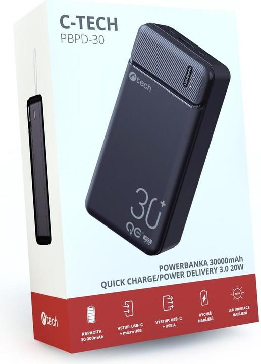 Actual product image C-Tech Powerbanka, Li-Pol,, USB-C/USB-A/micro USB (30000 mAh, 20 W, 111 Wh)