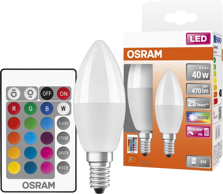Image du produit Osram LED STAR+ CLB RGBWFR 40 DIM via rem. con 5,5W/827 E14 470LM 2er BOX (E14, 4.90 W, 470 lm, 2 x, F)