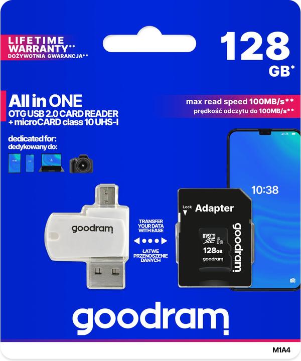 Image du produit Goodram M1A4-1280R12 carte mémoire 128 Go MicroSDHC Classe 10 UHS-I - Haute capacité SD (Mic (128 Go, microSDXC, U1, UHS-I)