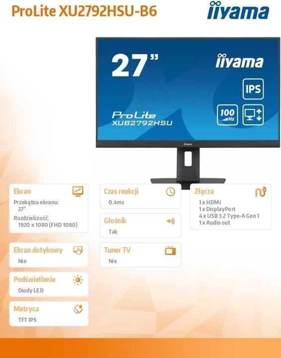 Image du produit iiyama XUB2792HSU-B6 27IN IPS FHD 4MS HDMI VGA DP 2USB HUB (1920 x 1080 pixels, 27")