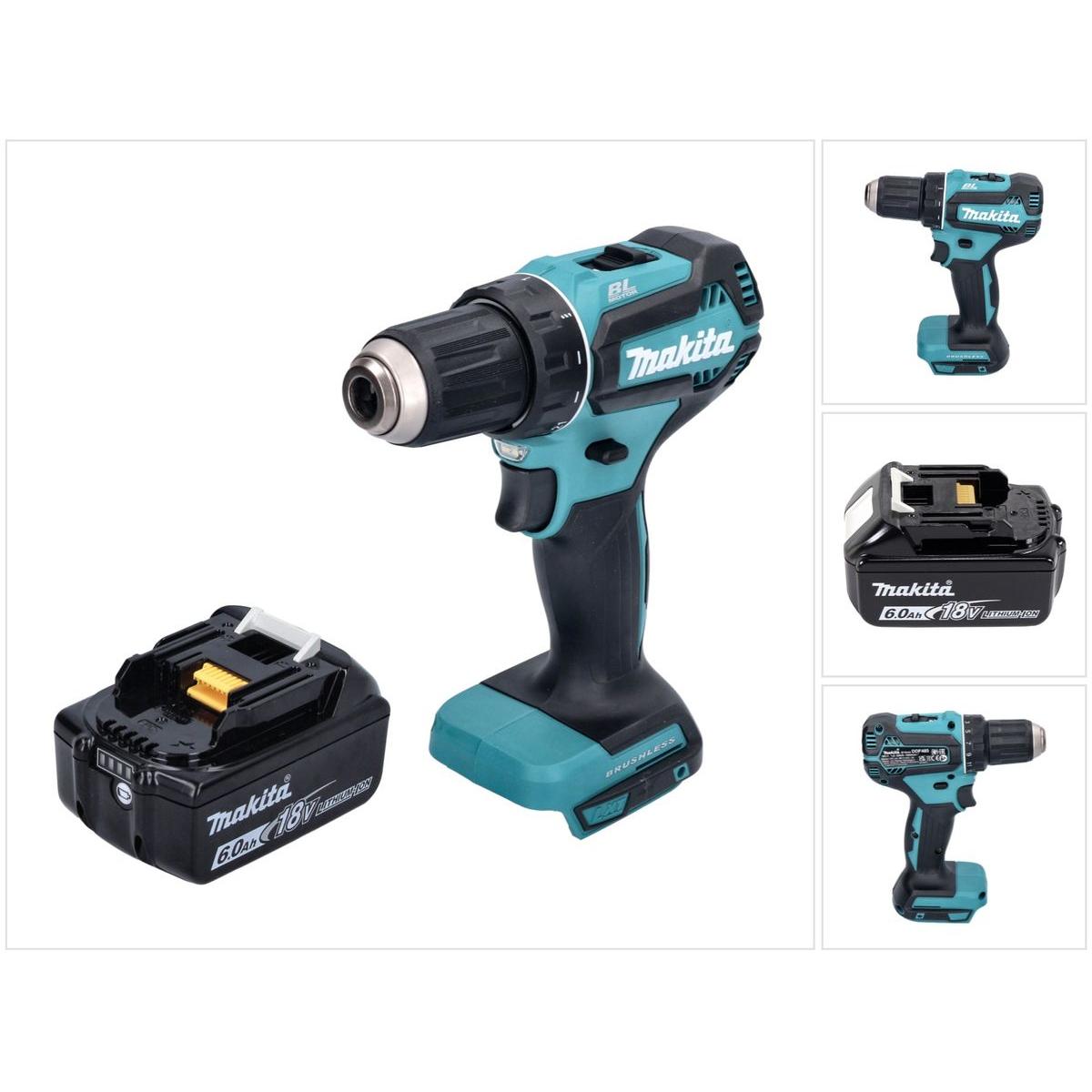 Makita, Bohrmaschine + Akkuschrauber, DDF 485 G1 Akku Bohrschrauber 18 V 50 Nm Brushless + 1x Akku 6,0 Ah - ohne Ladeger...