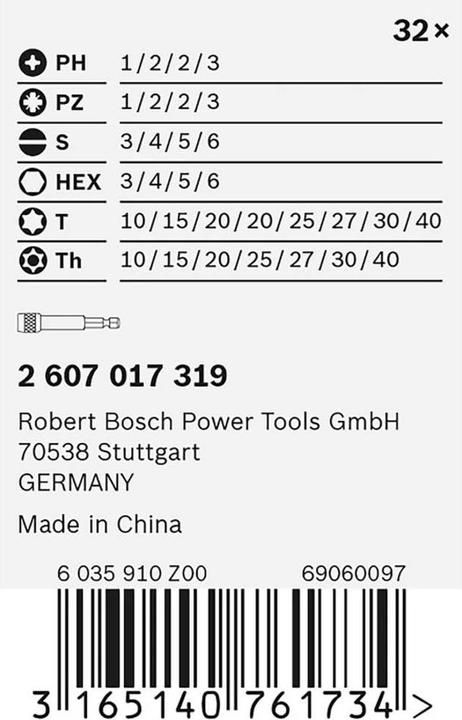 Actual product image Bosch Professional Zubehör Bit Set 32 pieces Accessories 2 (Cross Phillips PH M1, Cross Phillips PH M2, Cross Pozidriv PZ M1, Cross Pozidriv PZ M2, Cross Phillips PH M3, Cross Pozidriv PZ M3, Hexagon socket TX with hole M10, Hexagon socket TX with hole M20, Hexagon socket TX With hole M25, Hexagon socket TX with hole M27, Hexagon socket TX with hole M30)