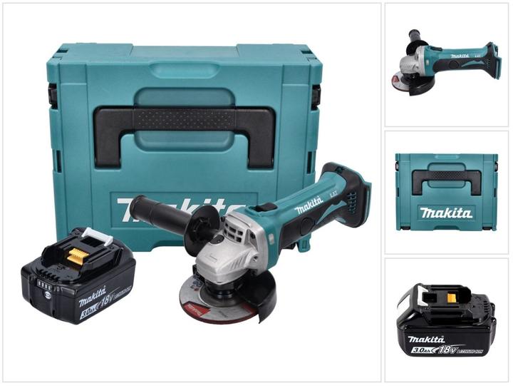 1x Makita DGA 452 Akku Winkelschleifer, 1x Schutzhaube, 1x Seitengriff, 1x Montageschlüssel, 1x Makita BL 1830 B 18 V 3,0 Ah Akku, 1x Makita Makpac, 1x Universaleinlage