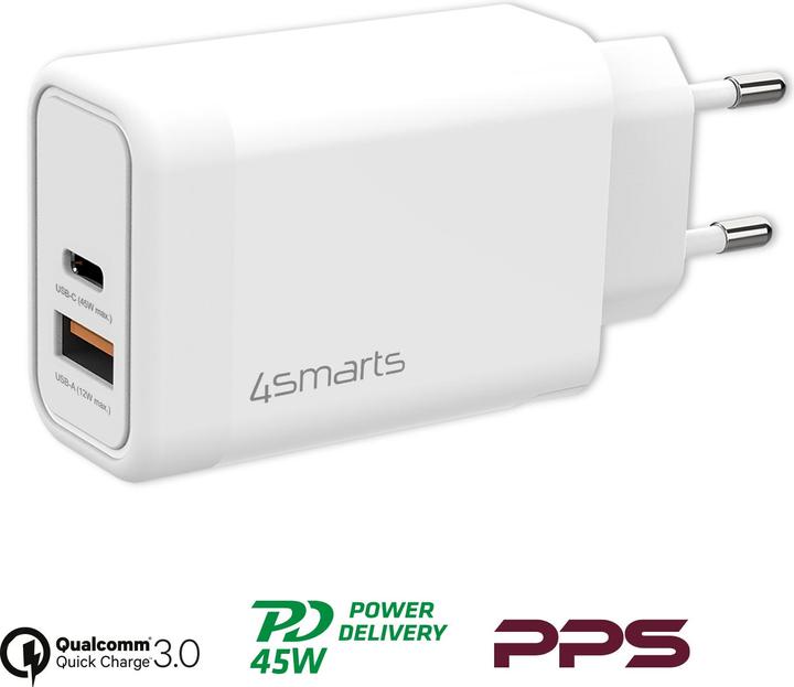 Produktbild 4smarts USB-Wandladegerät VoltPlug PD+QC 45W GaN Weiss (45 W, 2 Ports)