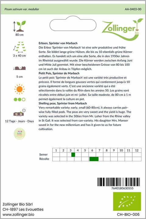 Image du produit Zollinger Bio Pois, Sprinter de Marbach (Germes)