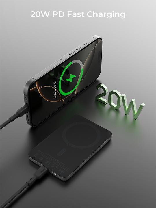 Produktbild Aukey MagFusion Slim 5000mAh PB-MS07A BG Powerbank Qi2 Wireless,Black (5000 mAh, 20 W, 18 Wh)