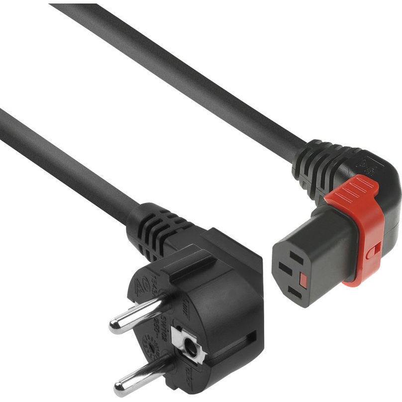 Thumbnail - Iec Lock 230V Powercord CEE 7/7 male(angled) to C13 (up angled) lockable, black, 1 meter (1 m), Stromkabel