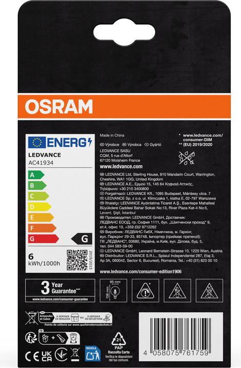 Immagine prodotto Osram Vintage 1906 LED DIM 40 5,8 W/2200 K E27 (E27, 5.80 W, 470 lm, 1 x, G)