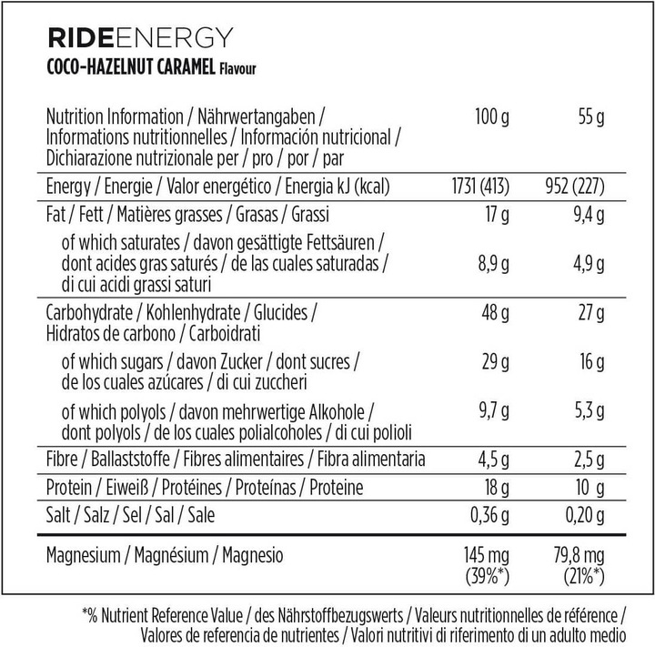 Nährwerte und Zutaten Powerbar Ride Energy (Haselnuss, Karamell, Schokolade, 18 Stk., 990 g)