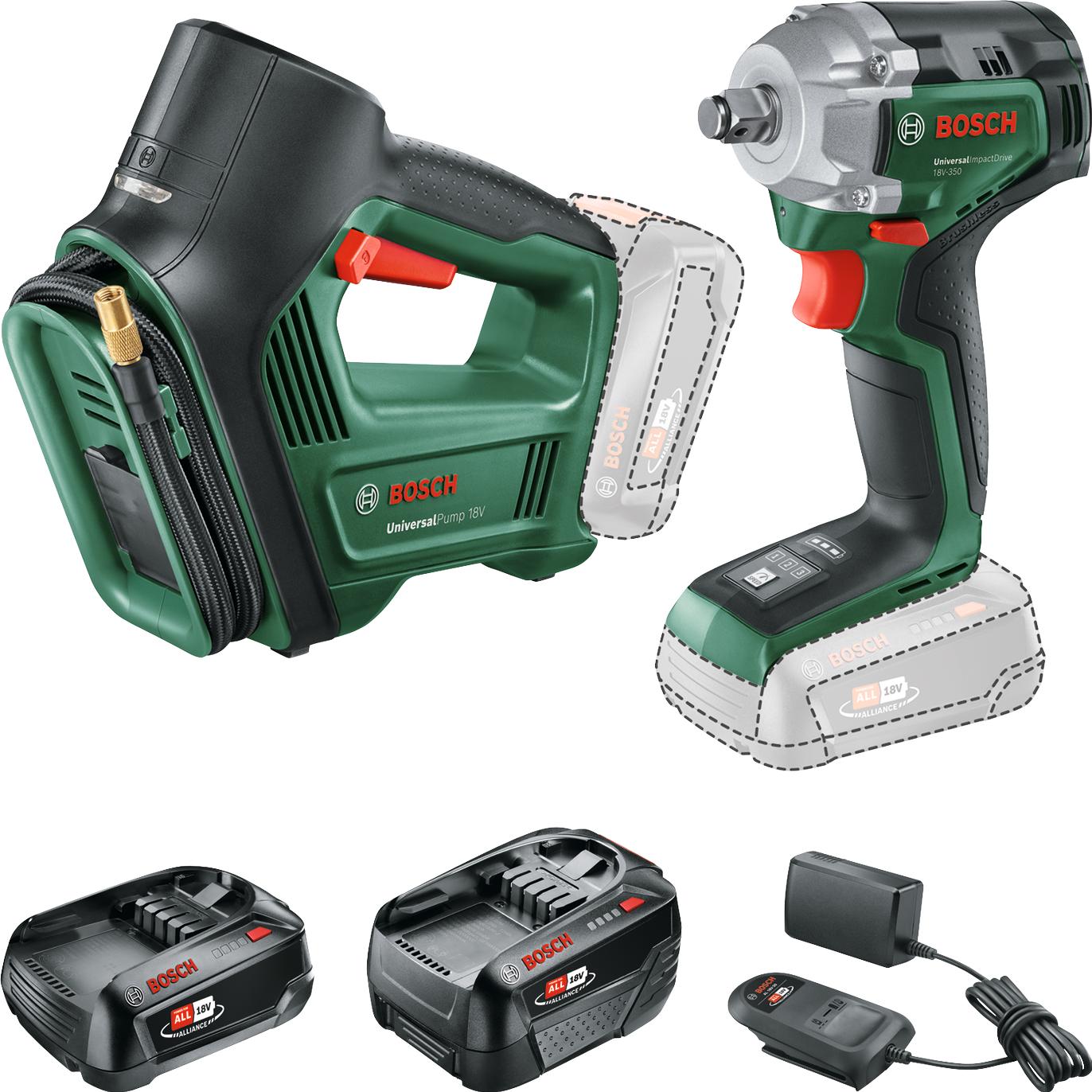 Bosch Home & Garden, Trapano + Avvitatore a batteria, Combo Kit 18VUniversalImpactDrive+UniversalPump, 1x PBA 18V 2.0Ah+PBA 18V 4.0Ah