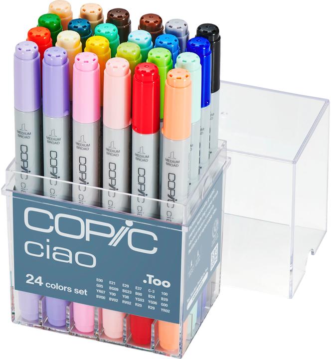 Produktbild Copic Marker ciao, 24er Set (R29 (Lipstick Red), 100 (Black), B29 (Ultramarine), E29 (Burnt Umber), YR07 (Cadmium Orange), YG06 (Yellowish Green), G00 (Jade Green), BV00 (Mauve Shadow), BV02 (Prune), E21 (Soft Sun), Y00 (Barium Yellow), BG23 (Coral Sea), Y08 (Acid Yellow), G05 (Emerald Green), B00 (Frost Blue), B24 (Sky))