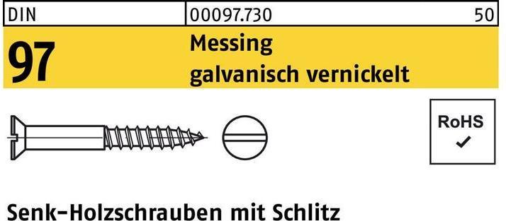 Produktbild Holzschraube DIN 97 Senkkopf Schlitz 2,5 x 20 Messing galvanisch vernickelt (200 Schrauben pro Stück)